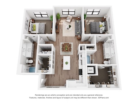 A 3D floor plan of a house with a kitchen, living room, dining room, and two bedrooms.